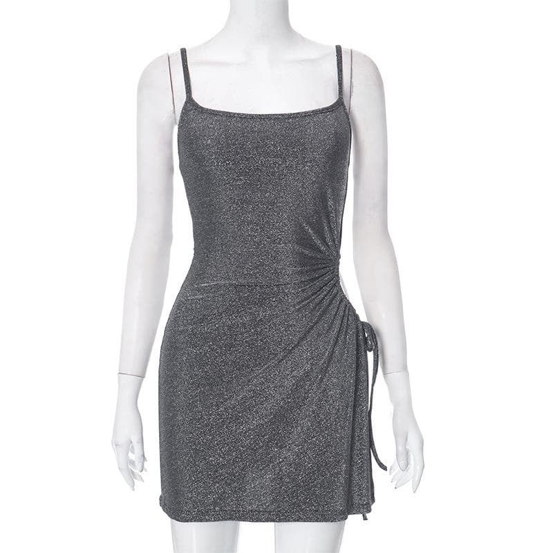 Backless hollow out drawstring ruched u neck textured mini dress