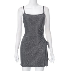 Backless hollow out drawstring ruched u neck textured mini dress