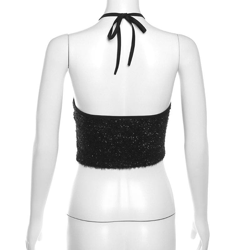 Textured halter self tie backless solid crop top