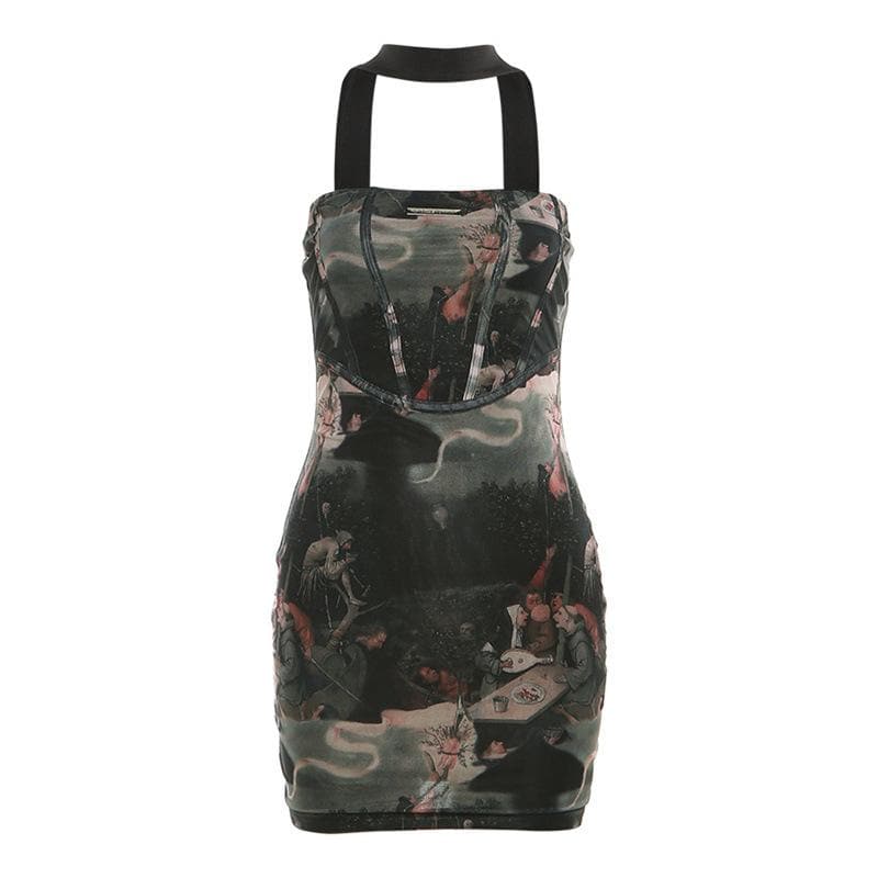 Abstract corset halter contrast print backless mini dress