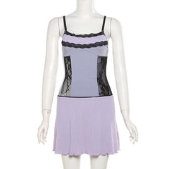 Lace ruffle patchwork ribbedribbed cami mini dress