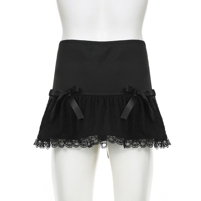 Lace up ruched lace hem solid bowknot low rise mini skirt