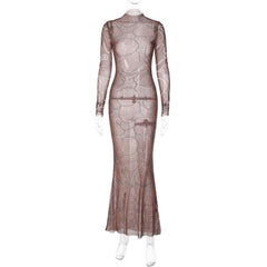 Sheer mesh see through high neck long sleeve beaded maxi dress