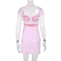 Short sleeve o ring high slit ruched hollow out cut out mini dress