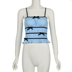 Bowknot ruched contrast ruffle square neck cami crop top