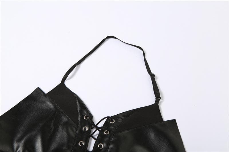 Solid PU leather hollow out halter lace up backless crop cut out top