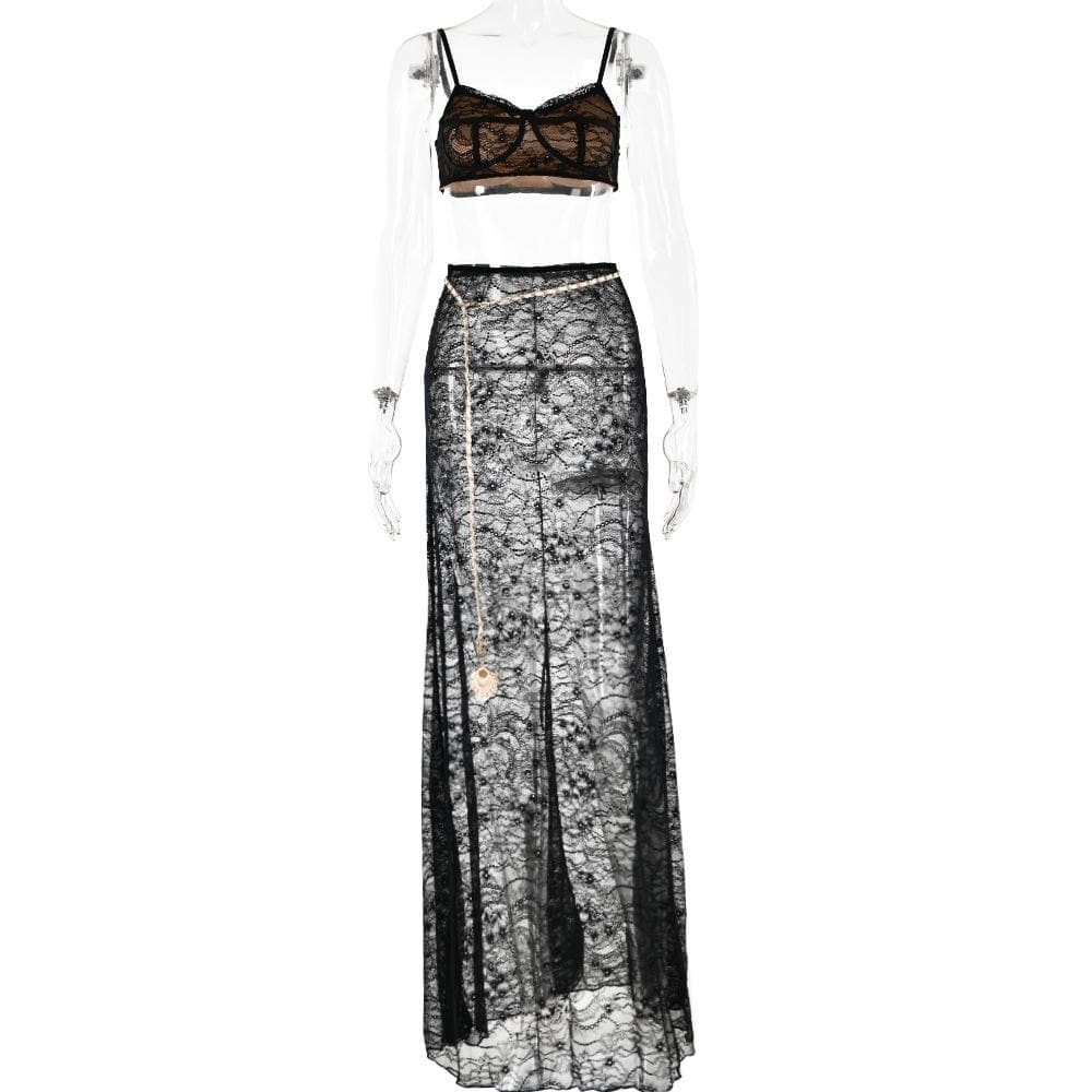 Lace see through v neck contrast cami maxi skirt set