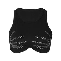 Palm pattern beaded ribbed sleeveless round neck crop top
