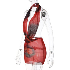 Sheer mesh see through cross front low cut halter backless mini dress