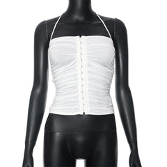 Button ruched solid halter backless crop top