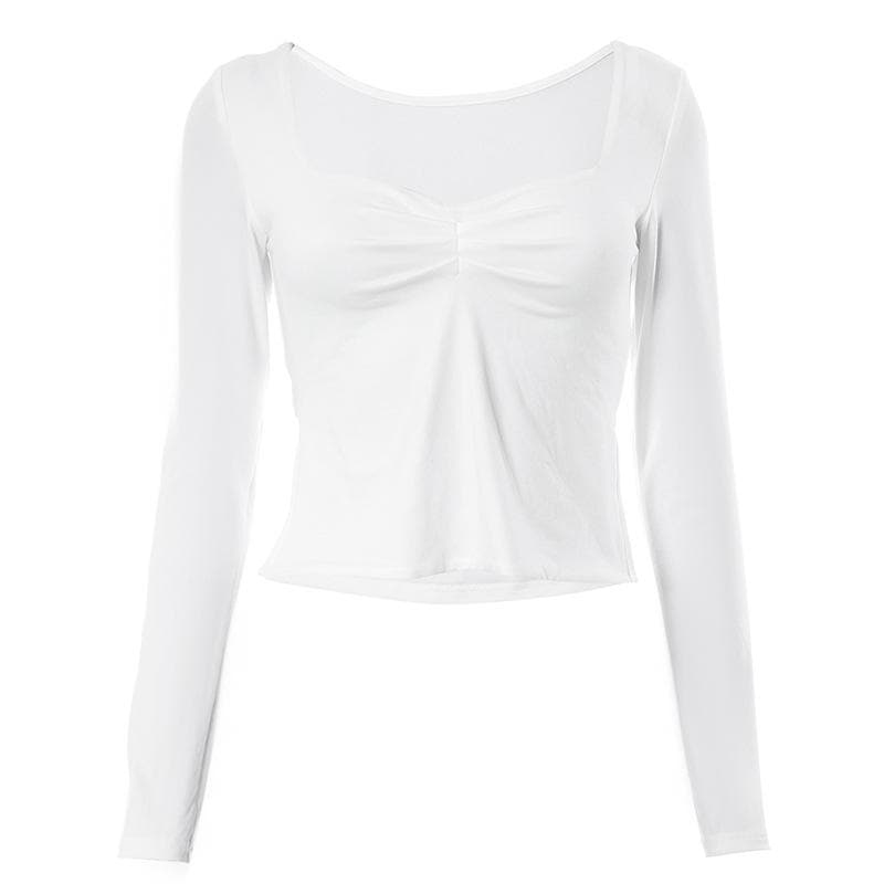 Square neck ruched long sleeve slit solid top