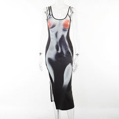 Contrast abstract body print slit backless midi dress