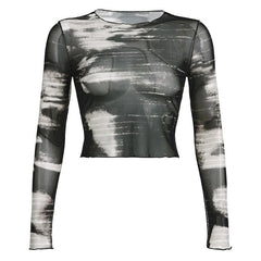 Sheer mesh see through ruffle long sleeve tie dye crop top