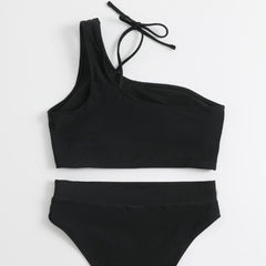 Hollow out high waisted one shoulder solid bikini