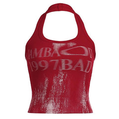 Ribbed halter u neck backless contrast print top