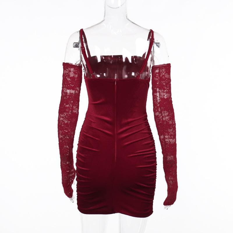 Cowl neck ruched gloves lace velvet zip-up cami mini dress