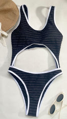 Hollow out contrast striped sleeveless one piece swimwear