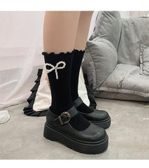 Ruffle faux pearl bowknot long socks