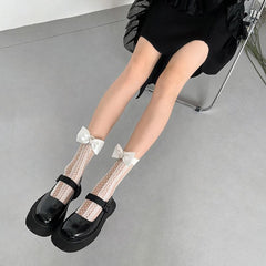 Sheer lace solid bowknot beaded long socks