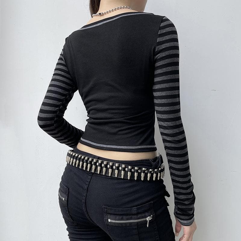 Striped patchwork long sleeve contrast stitch top