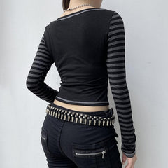 Striped patchwork long sleeve contrast stitch top