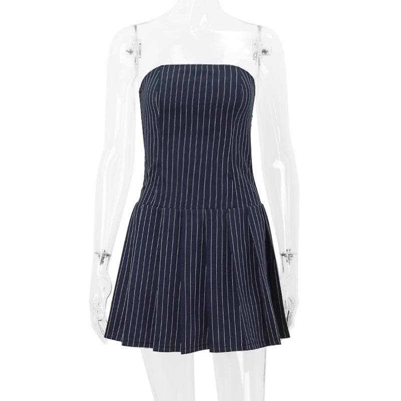 Pleated smocked striped zip-up backless tube mini dress