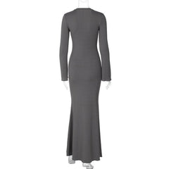 Ruffle solid long sleeve crewneck ribbed maxi dress