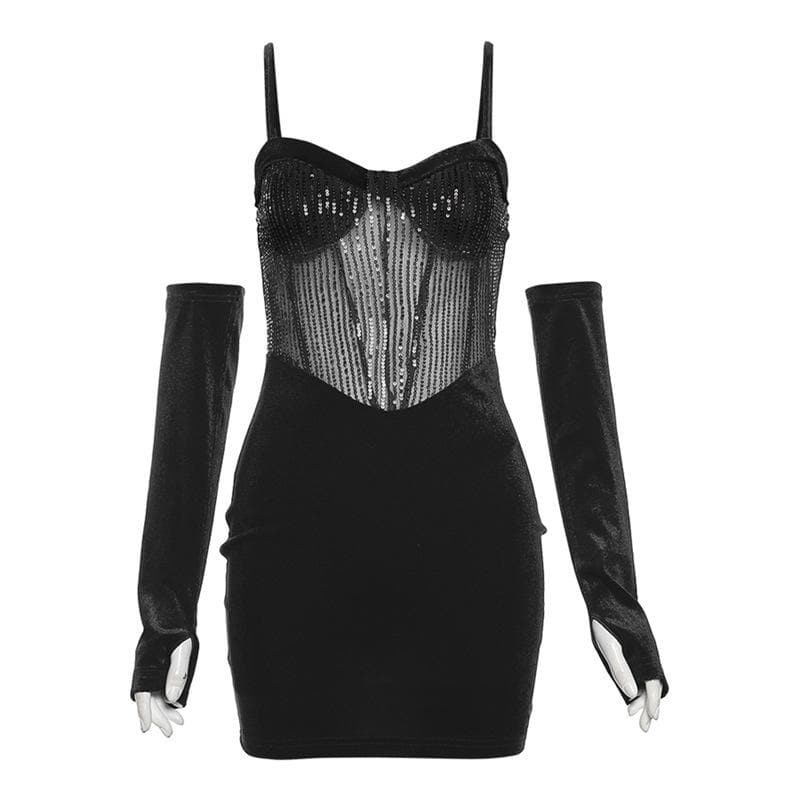 Sweetheart neck gloves velvet glitter mesh patchwork cami dress