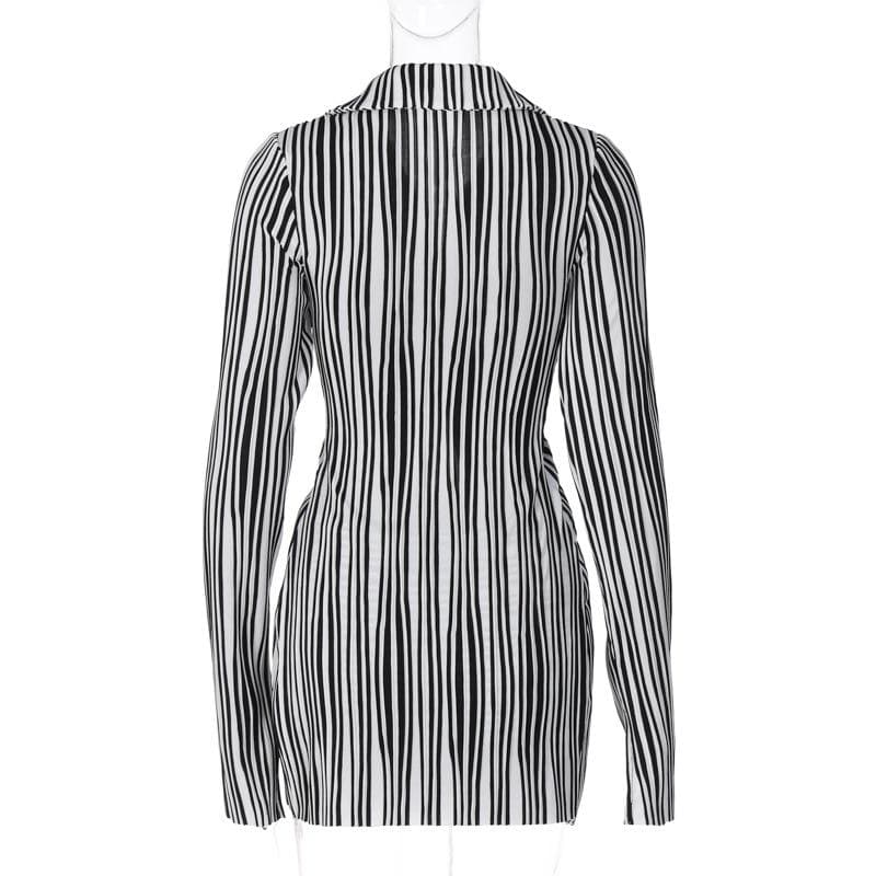 Striped contrast turnover collar button ruched slit long sleeve mini skirt set