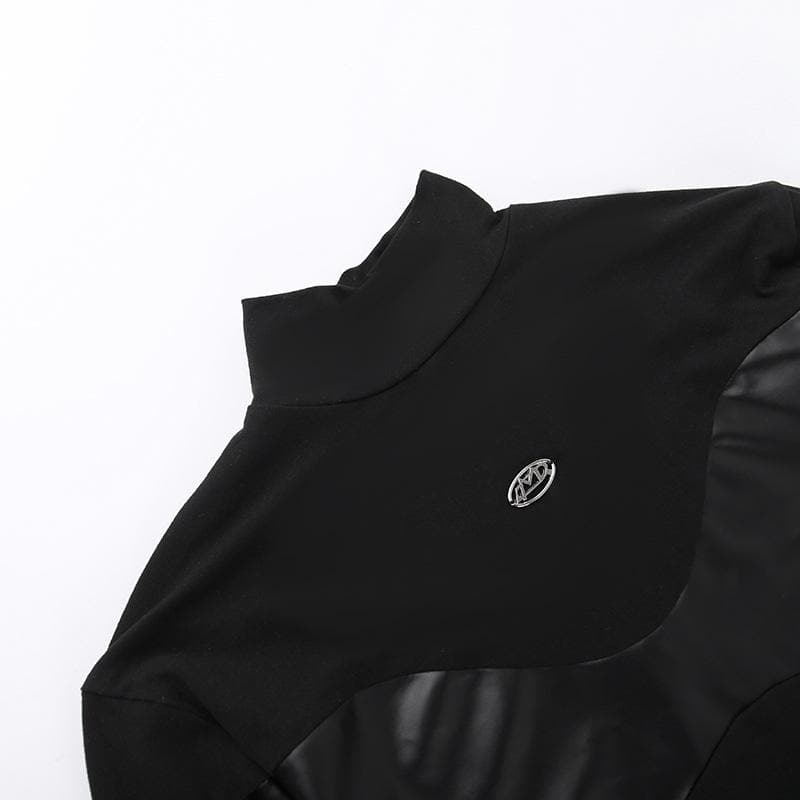 Patchwork high neck long sleeve PU leather bodysuit