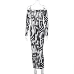 Zebra print off shoulder long sleeve contrast maxi dress