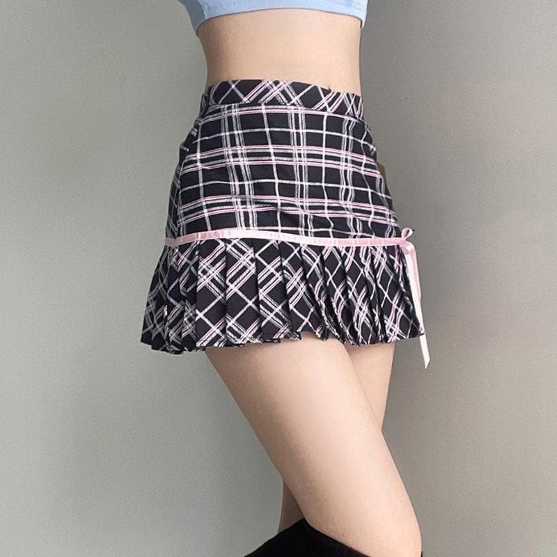 Pleated contrast bowknot plaid high rise mini skirt