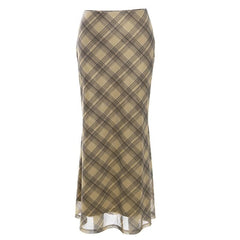 Plaid contrast chiffon low rise maxi skirt