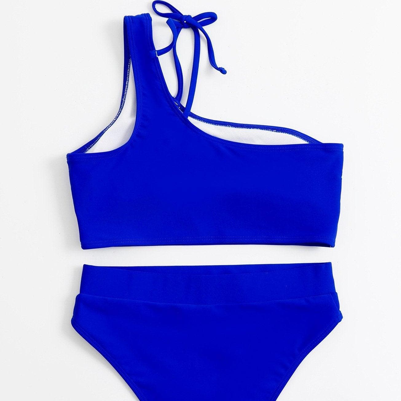 Hollow out high waisted one shoulder solid bikini