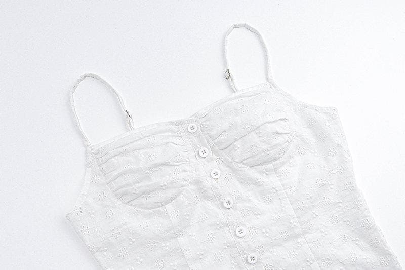Textured pleated button slit solid backless cami top