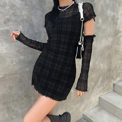 Ruffled mesh plaid long sleeve dress