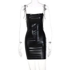 Sleeveless solid PU leather self tie backless mini dress