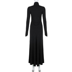 Lace up hollow out solid long sleeve maxi dress