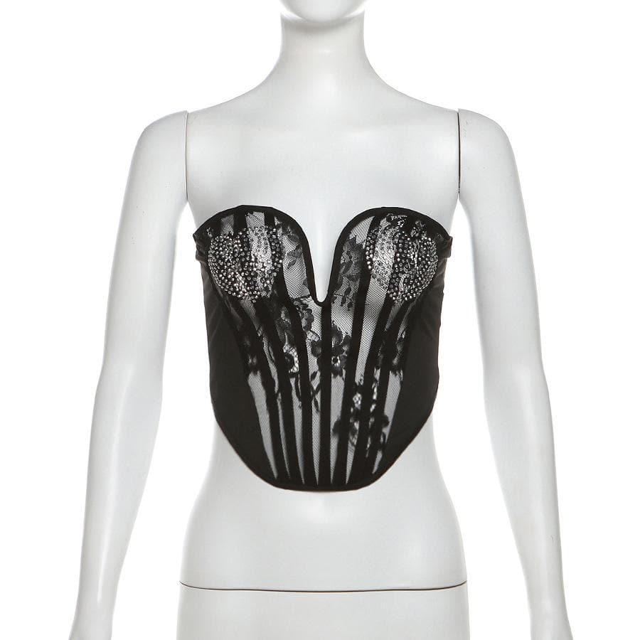 Sweetheart neck beaded bustier lace see through tube top