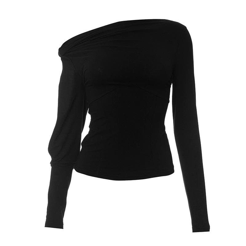 Solid long sleeve off shoulder irregular knotted hollow out cut out top