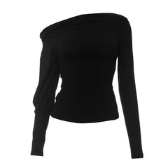 Solid long sleeve off shoulder irregular knotted hollow out cut out top