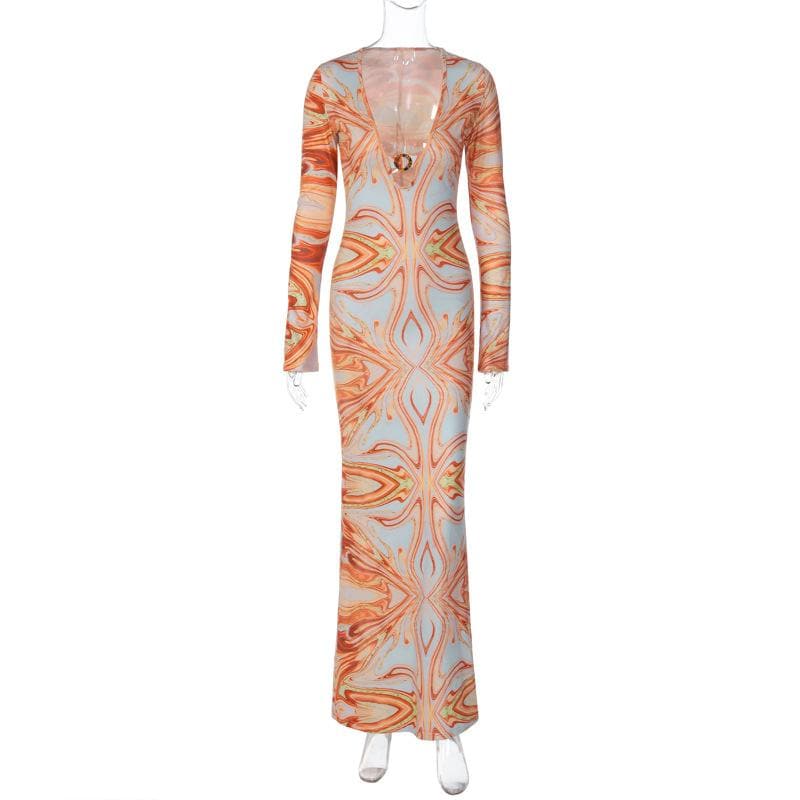 Contrast print o ring v neck long sleeve maxi dress