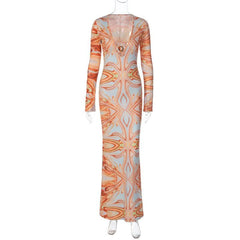 Contrast print o ring v neck long sleeve maxi dress