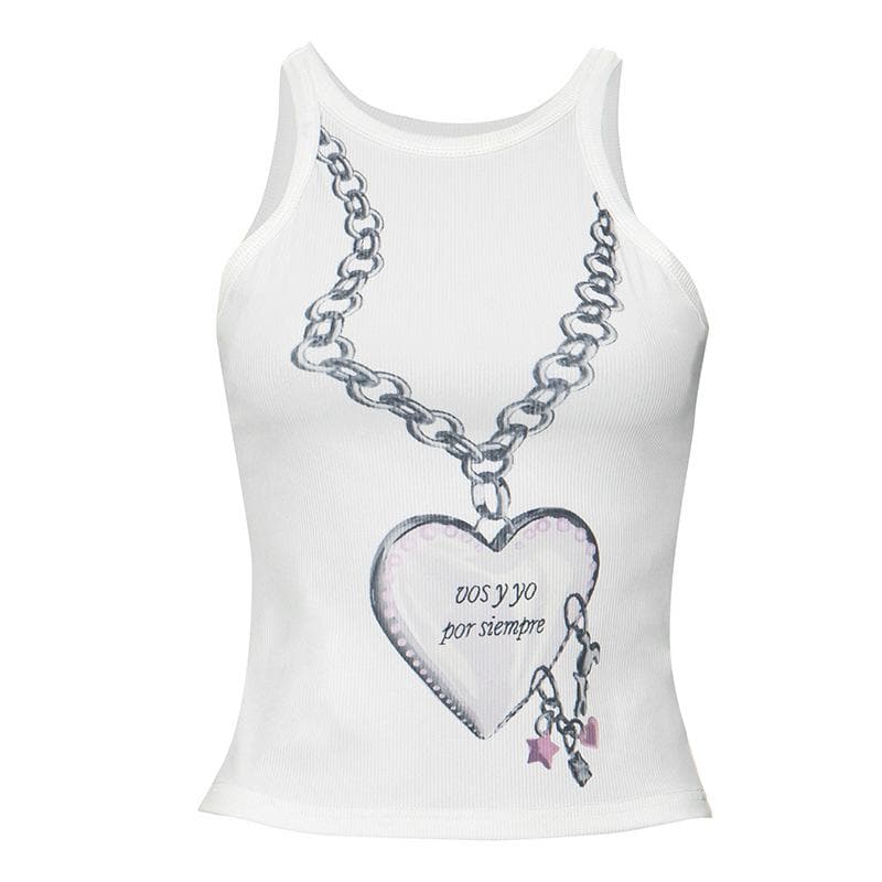 Ribbed crewneck heart pattern sleeveless tank top