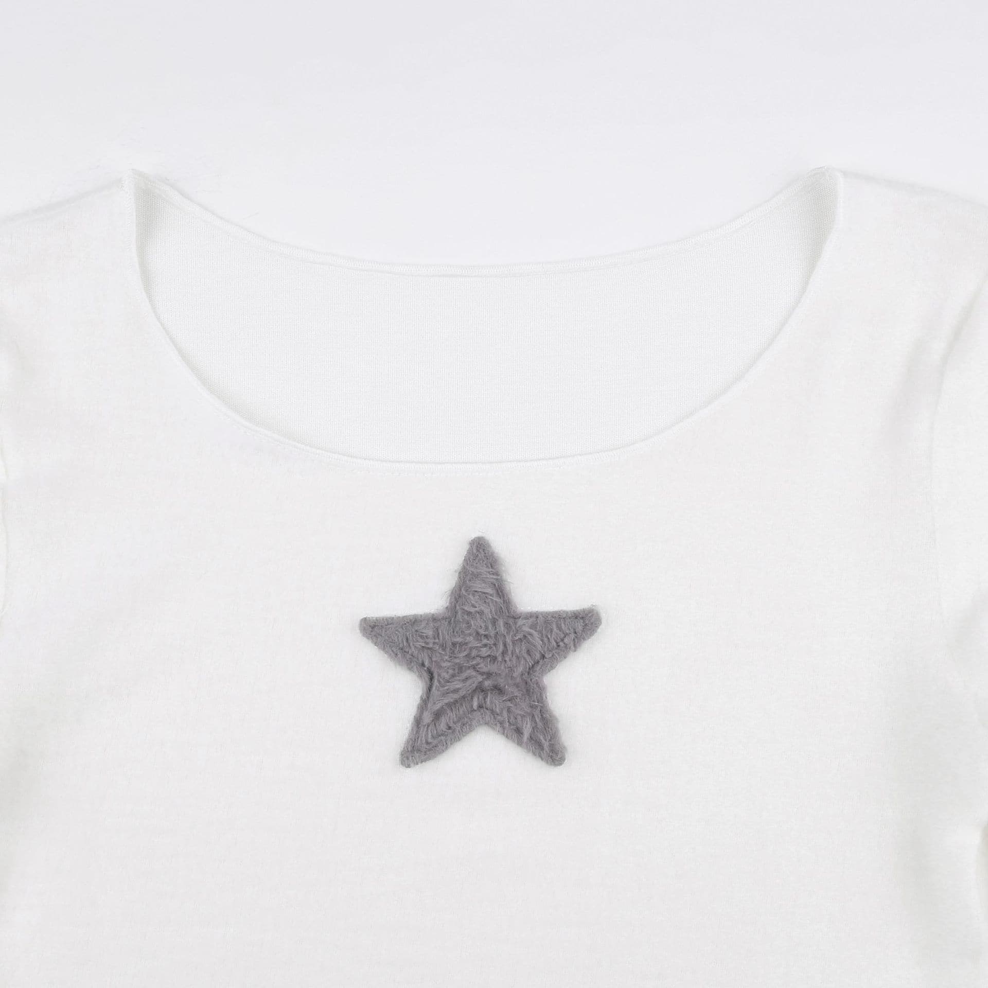 Star embroidery long sleeve ruffle round neck top