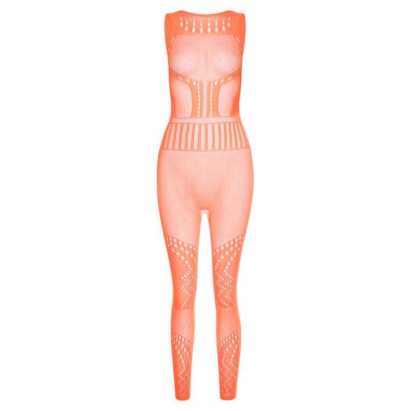 Sleeveless fishnet hollow out solid jumpsuit