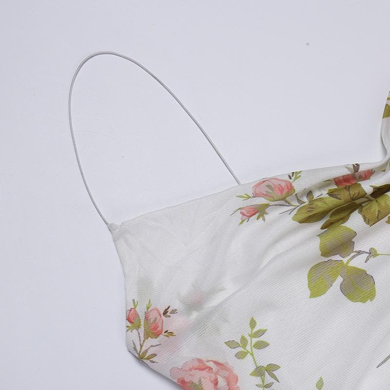 Cowl neck sheer mesh flower print ruffle cami mini dress