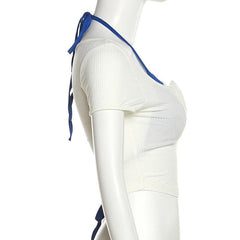 Short sleeve self tie contrast halter button 2 piece crop top