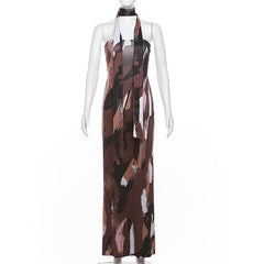 Print ruched backless hollow out tube maxi dress