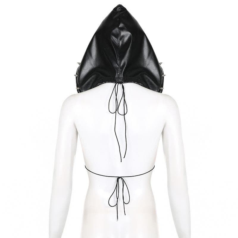 Rivet PU leather hoodie self tie backless crop top